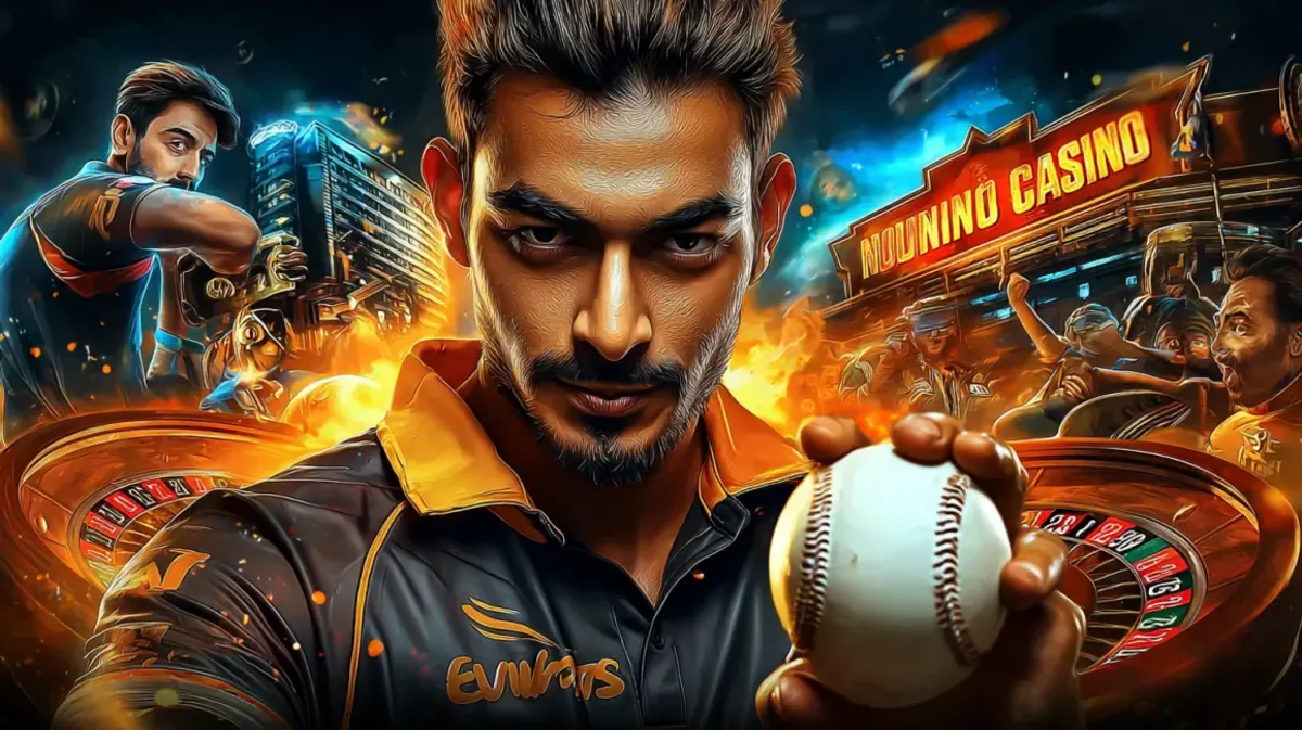 একটি তীব্র ক্রিকেট খেলোয়াড় একটি ক্রিকেট বল ধরে রয়েছেন, এ চিত্রে খেলার মাঠ ও 6zz গেমিং প্ল্যাটফর্মের প্রাণবন্ত নিয়ন-আলোকিত পরিবেশ একসঙ্গে মিশেছে।